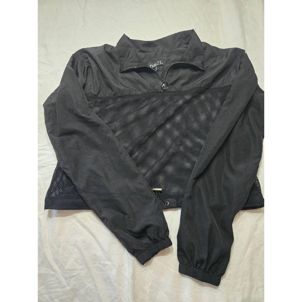 Rue21 Jacket Medium Black Collared HalfZip Mesh Top Drawstring Hem Streetwear